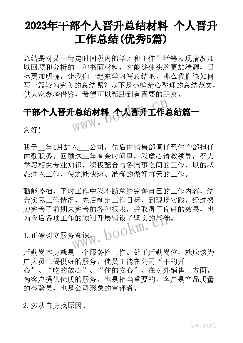 2023年干部个人晋升总结材料 个人晋升工作总结(优秀5篇)