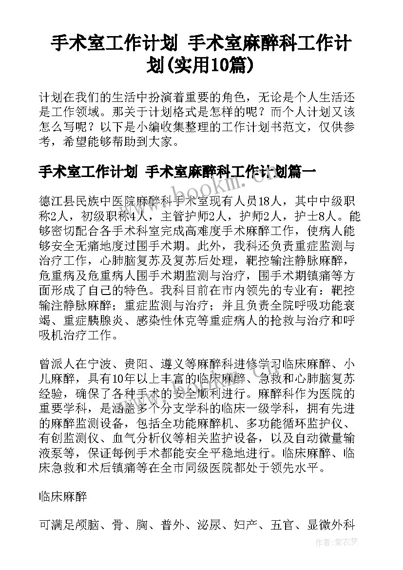 手术室工作计划 手术室麻醉科工作计划(实用10篇)