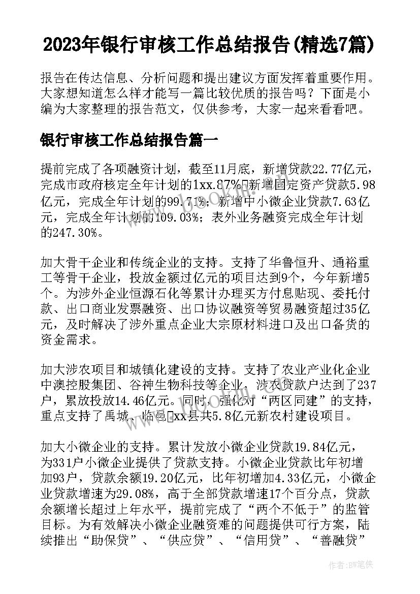 2023年银行审核工作总结报告(精选7篇)