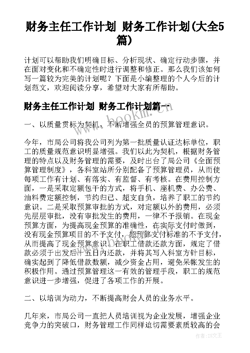 财务主任工作计划 财务工作计划(大全5篇)