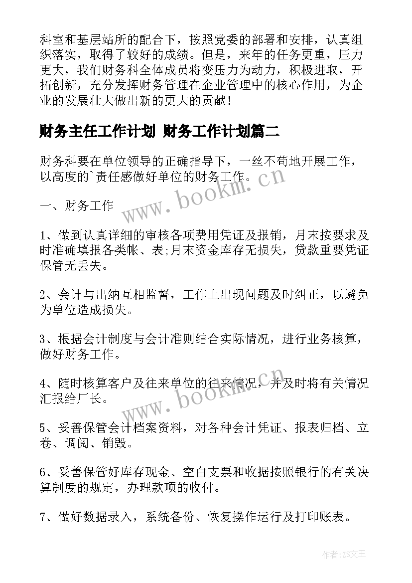 财务主任工作计划 财务工作计划(大全5篇)