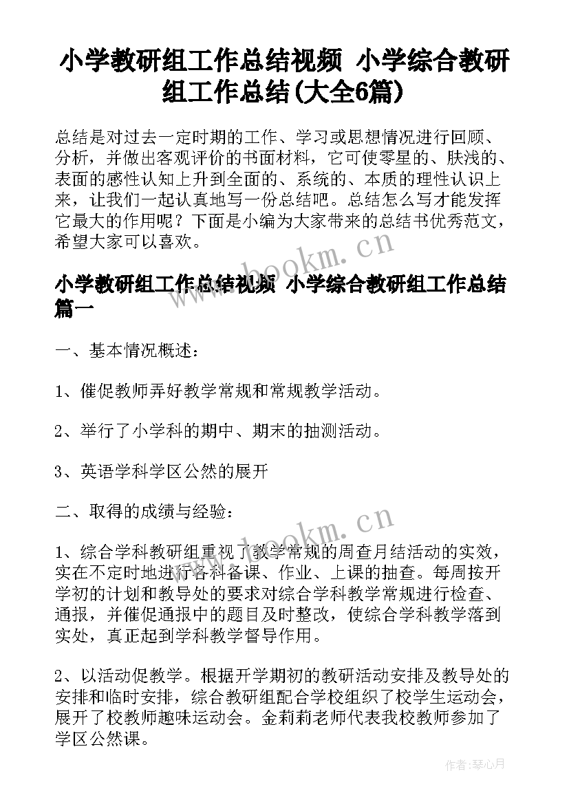 小学教研组工作总结视频 小学综合教研组工作总结(大全6篇)