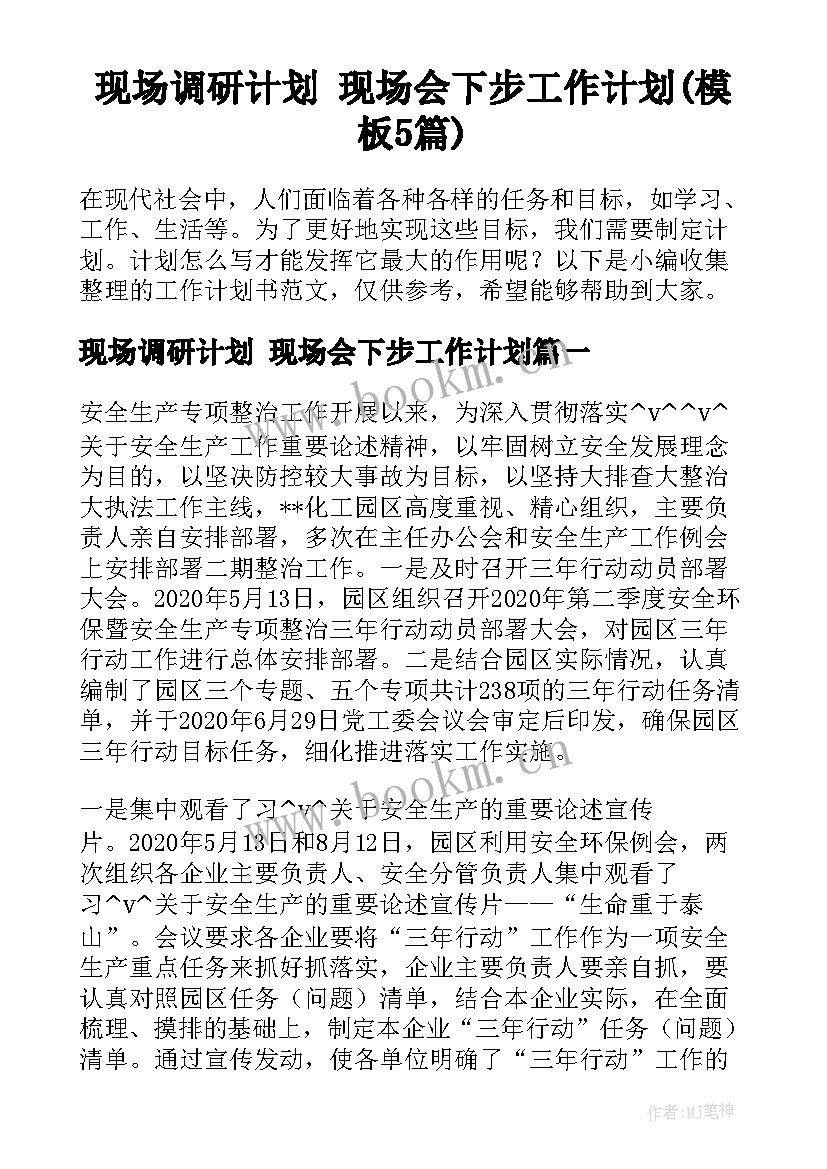 现场调研计划 现场会下步工作计划(模板5篇)