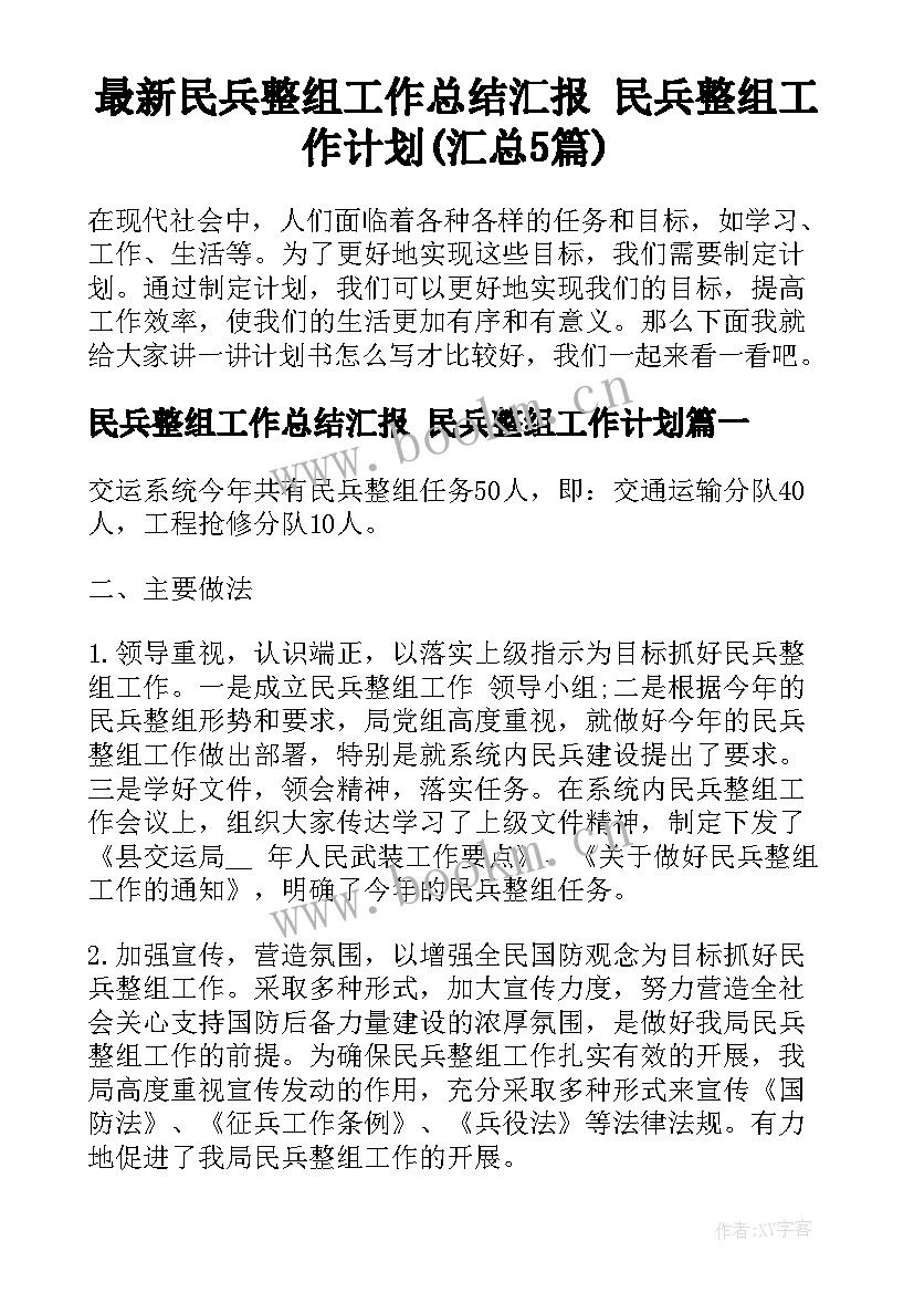 最新民兵整组工作总结汇报 民兵整组工作计划(汇总5篇)