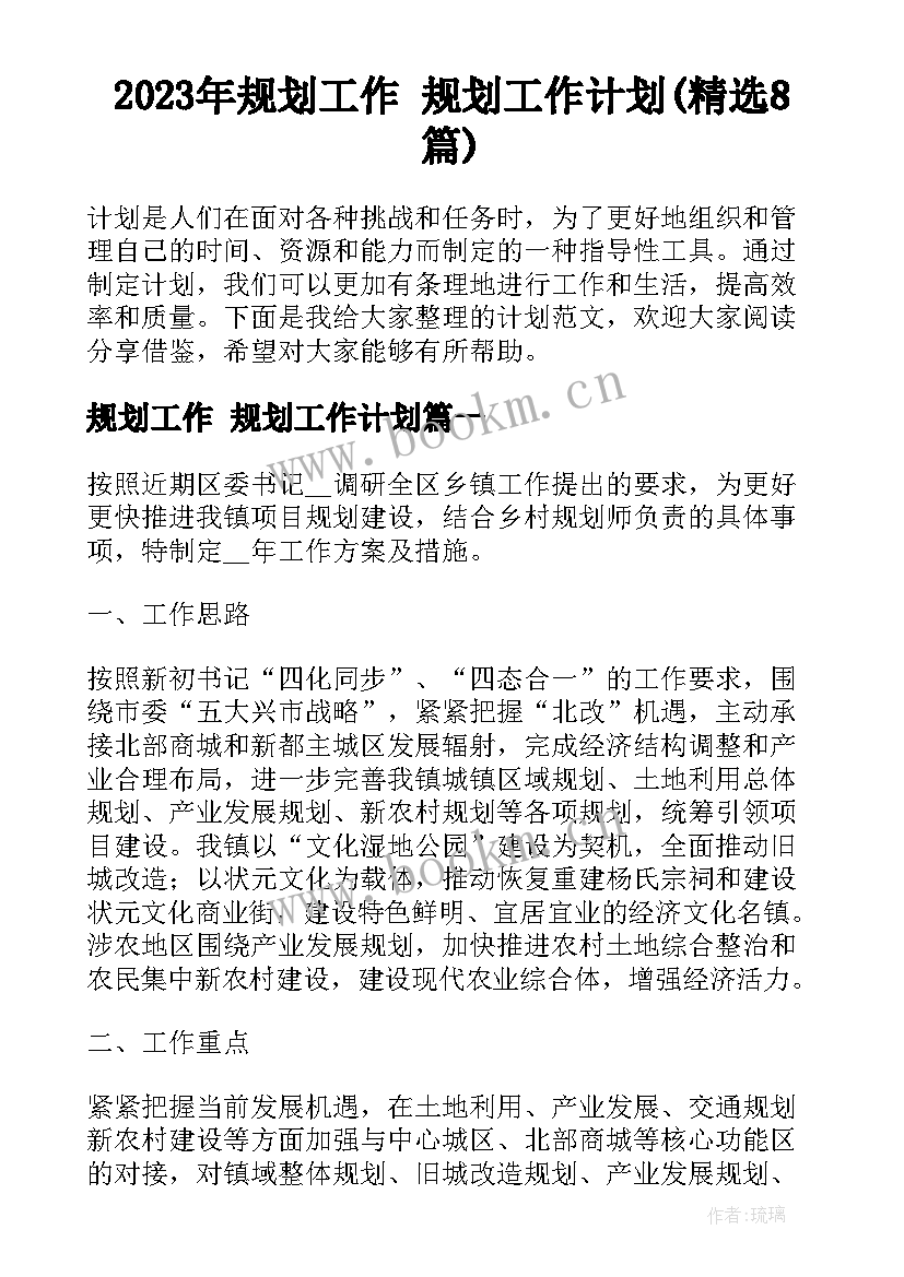 2023年规划工作 规划工作计划(精选8篇)