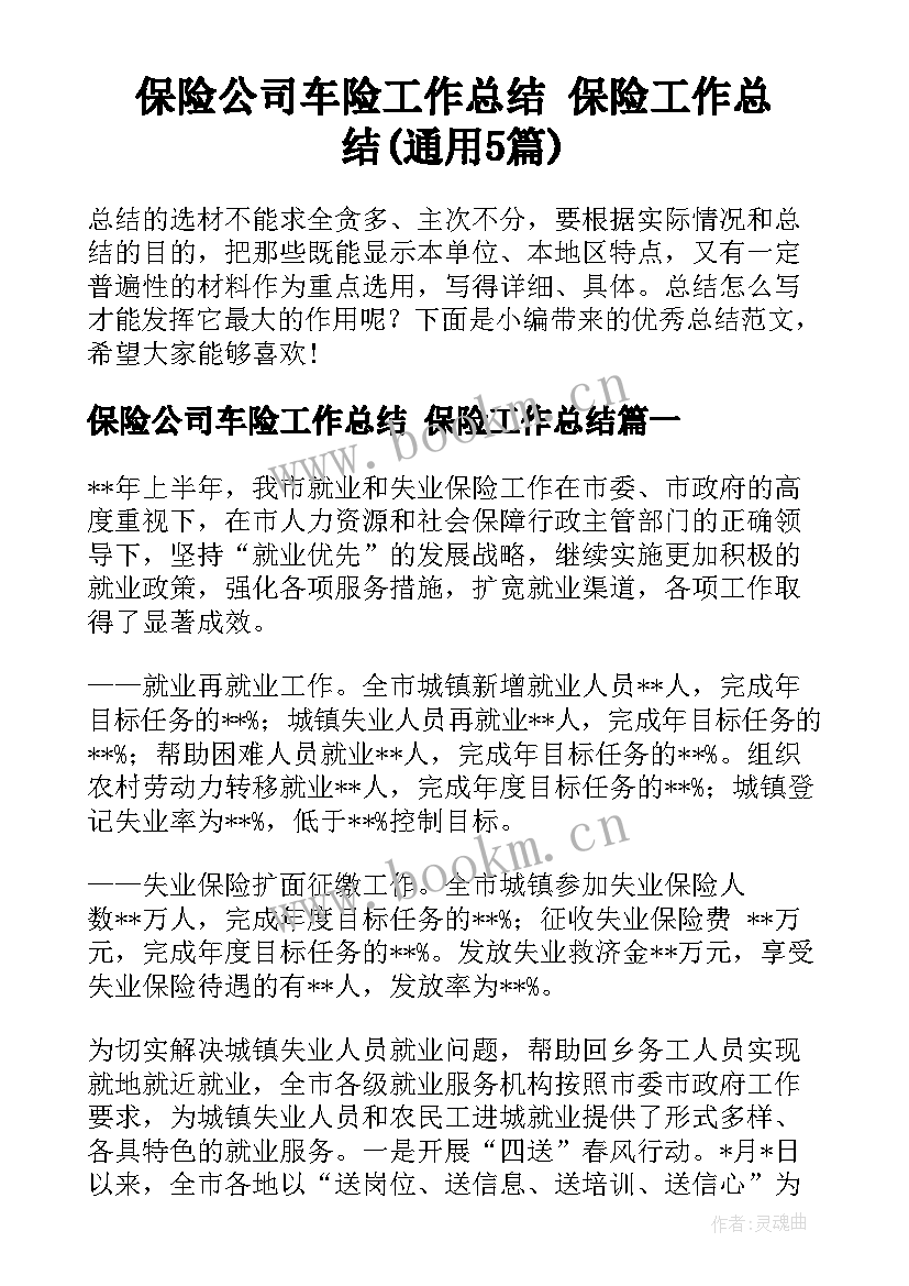 保险公司车险工作总结 保险工作总结(通用5篇)