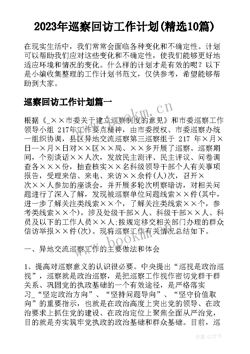 2023年巡察回访工作计划(精选10篇)