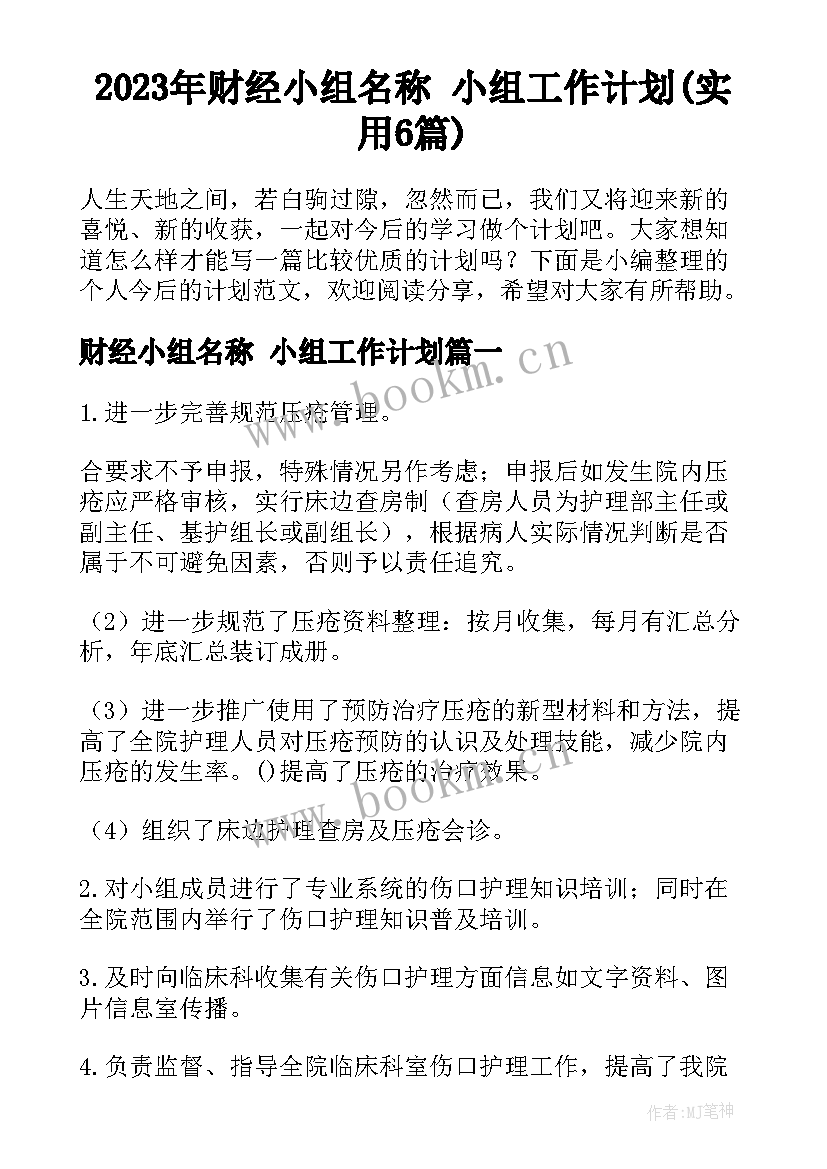 2023年财经小组名称 小组工作计划(实用6篇)