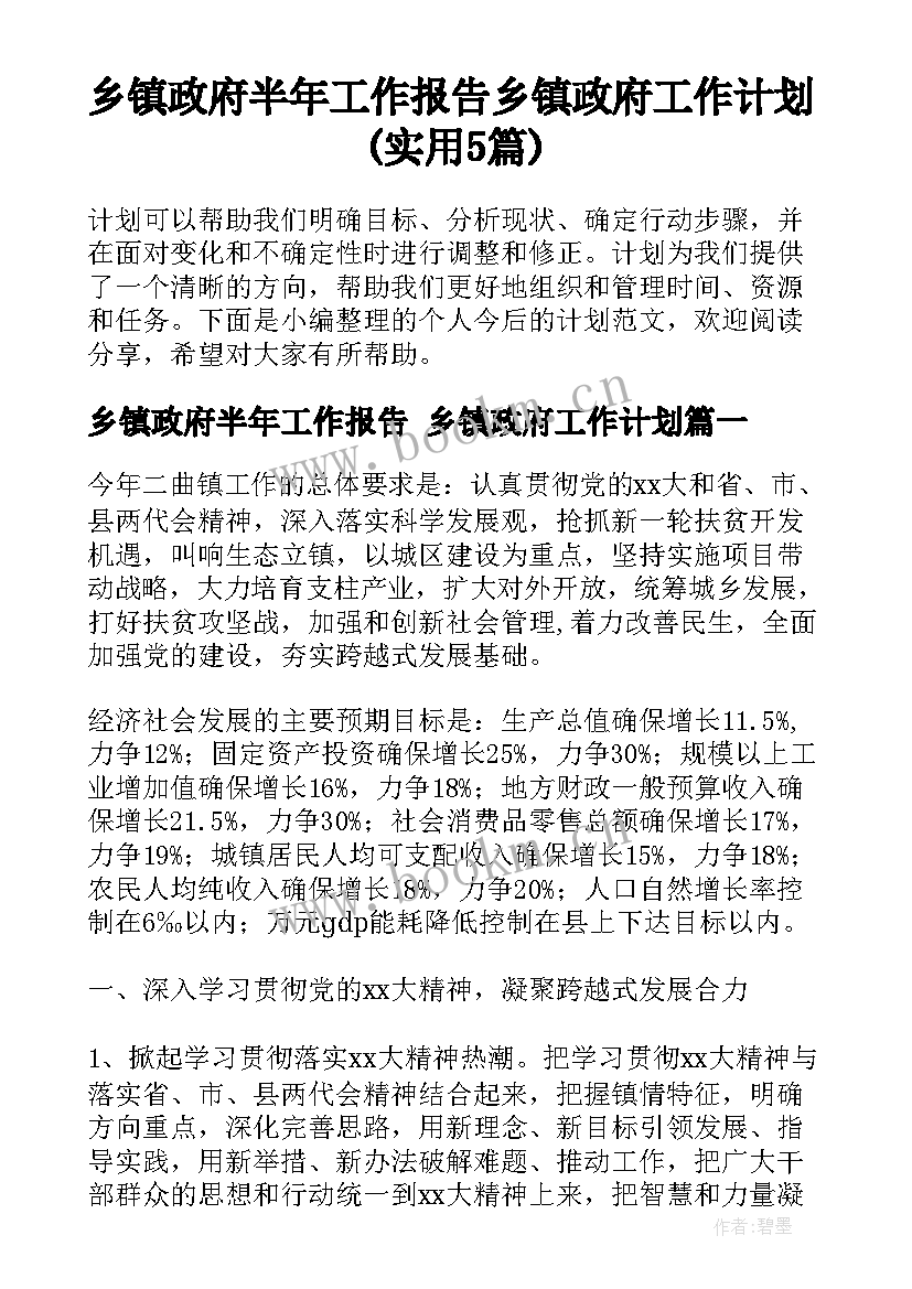 乡镇政府半年工作报告 乡镇政府工作计划(实用5篇)