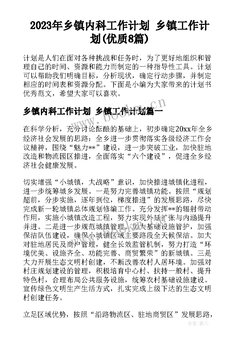 2023年乡镇内科工作计划 乡镇工作计划(优质8篇)