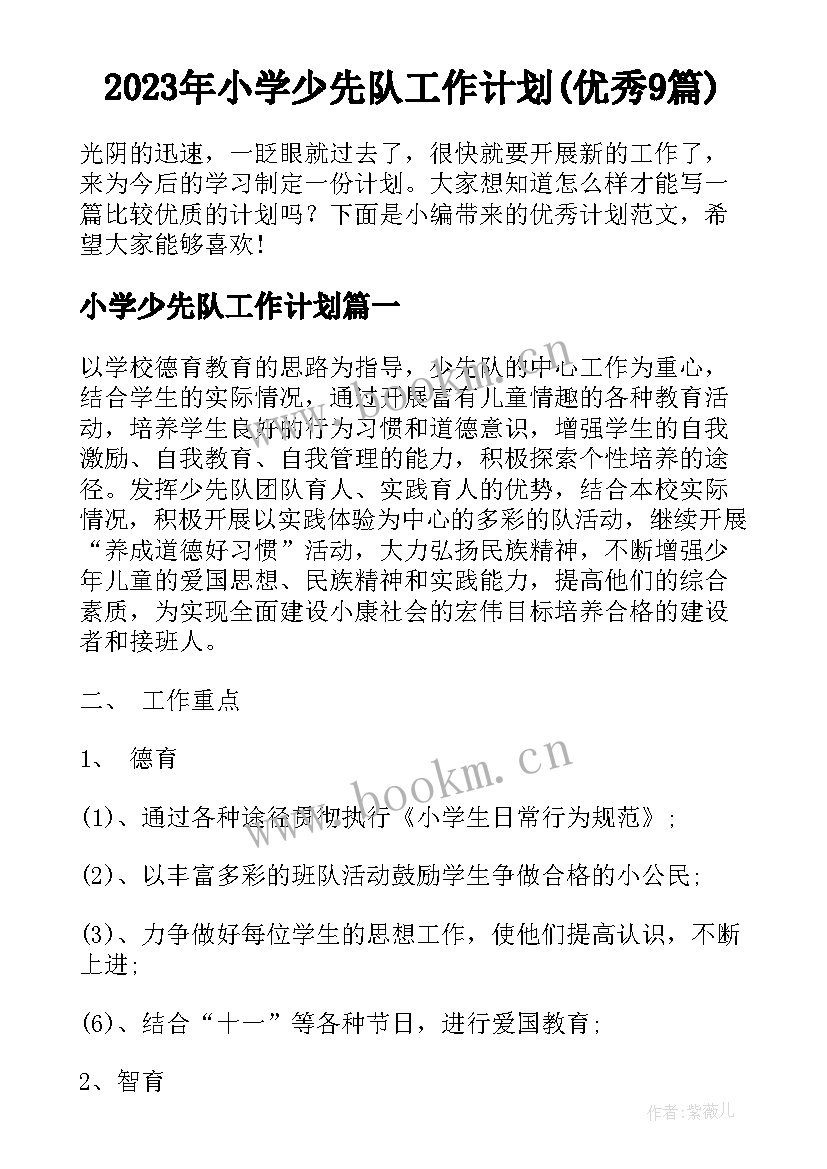 2023年小学少先队工作计划(优秀9篇)