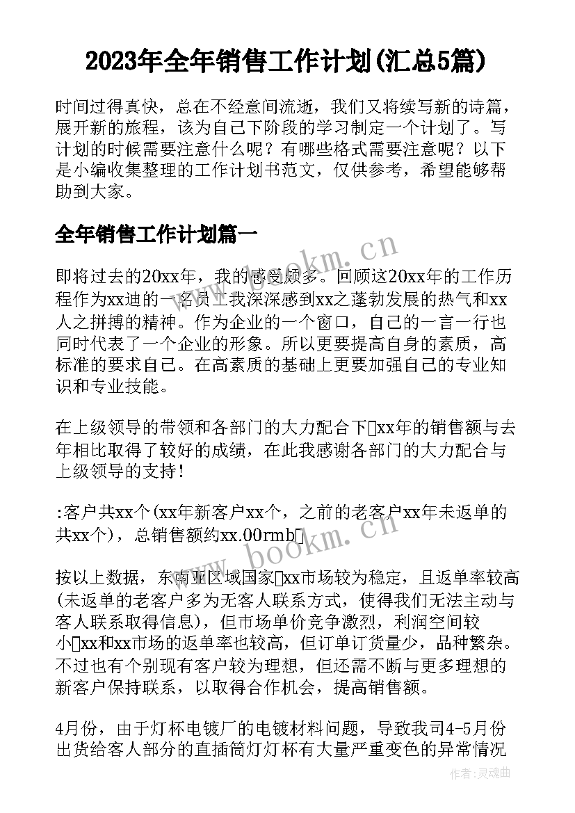 2023年全年销售工作计划(汇总5篇)