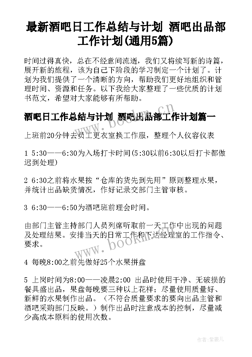 最新酒吧日工作总结与计划 酒吧出品部工作计划(通用5篇)