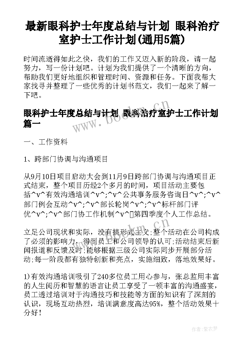 最新眼科护士年度总结与计划 眼科治疗室护士工作计划(通用5篇)