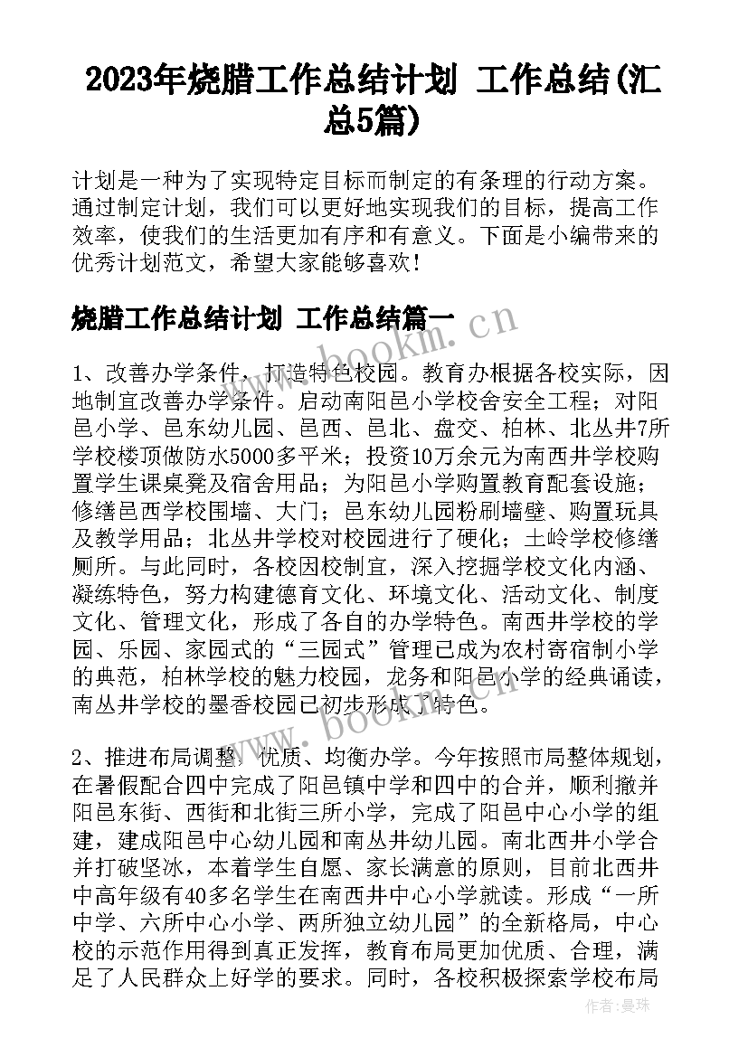 2023年烧腊工作总结计划 工作总结(汇总5篇)