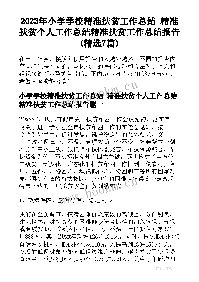 2023年小学学校精准扶贫工作总结 精准扶贫个人工作总结精准扶贫工作总结报告(精选7篇)