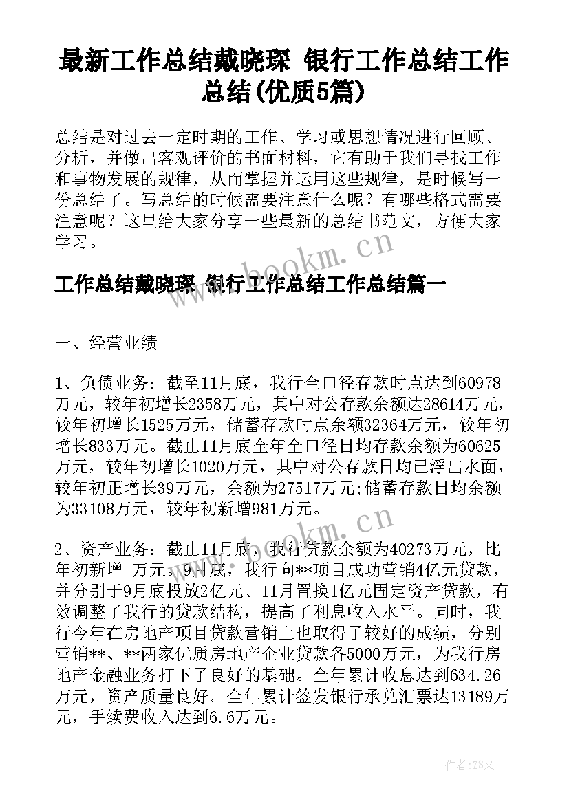 最新工作总结戴晓琛 银行工作总结工作总结(优质5篇)