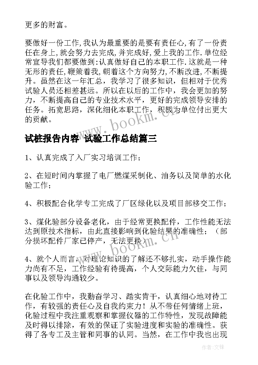 试桩报告内容 试验工作总结(通用7篇)