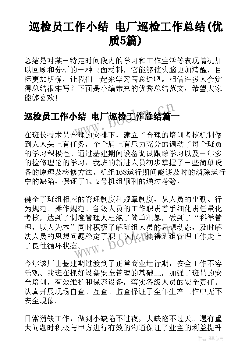 巡检员工作小结 电厂巡检工作总结(优质5篇)