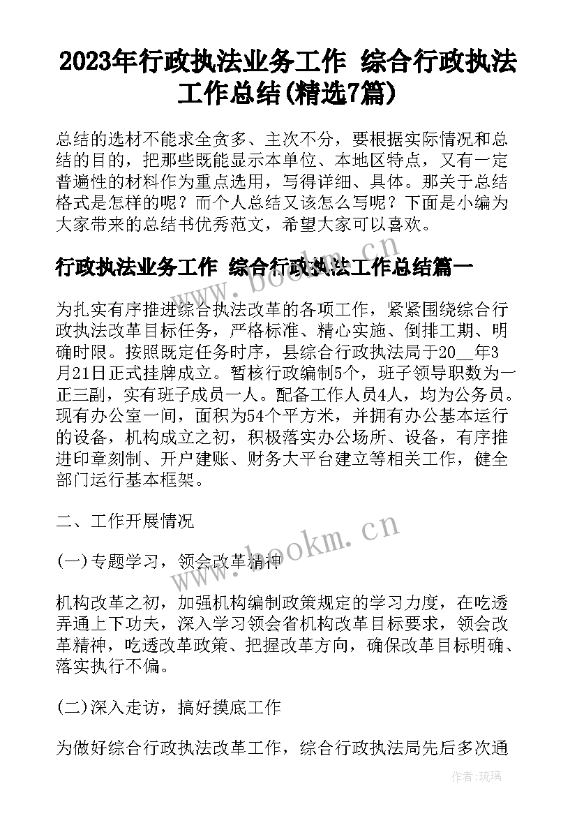 2023年行政执法业务工作 综合行政执法工作总结(精选7篇)