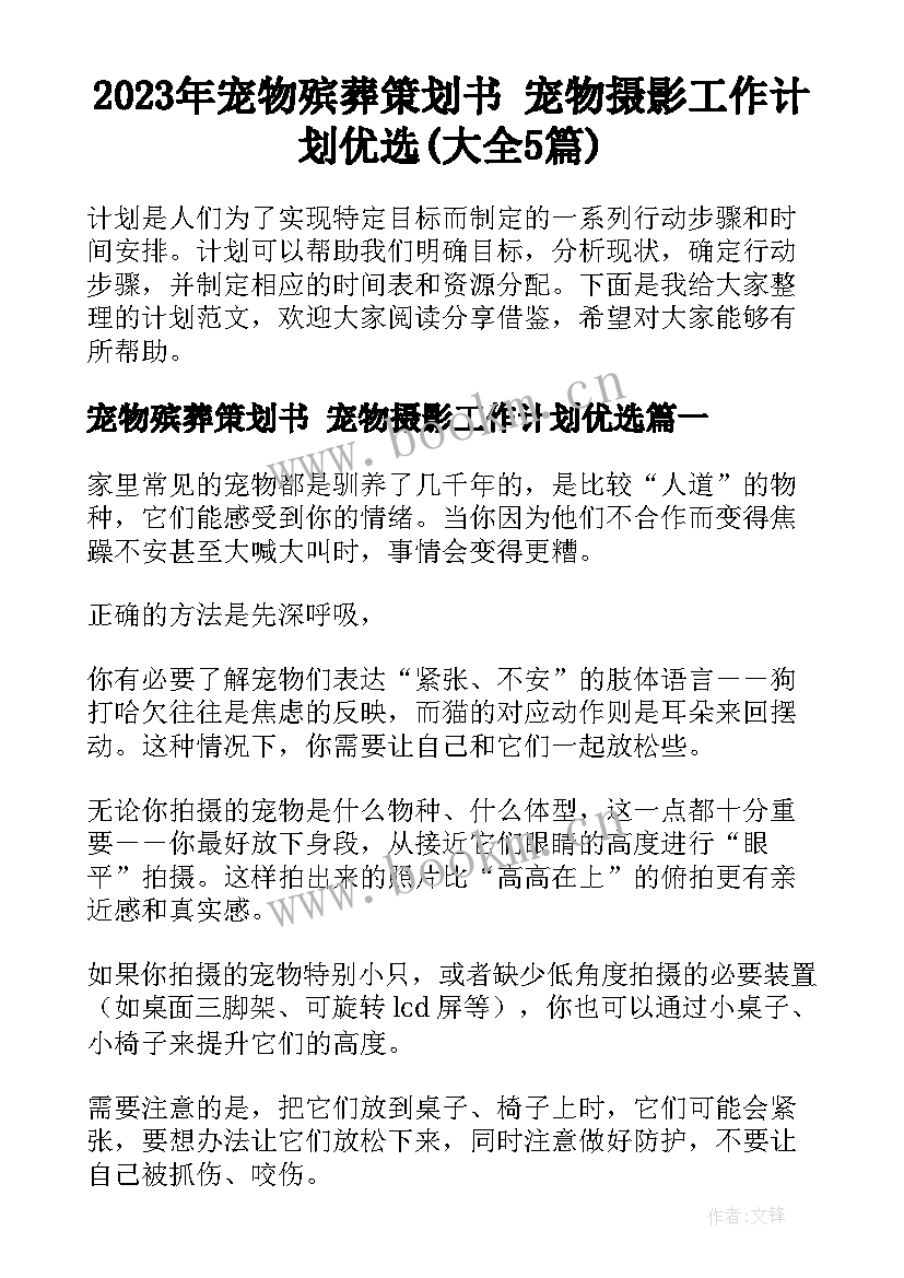 2023年宠物殡葬策划书 宠物摄影工作计划优选(大全5篇)