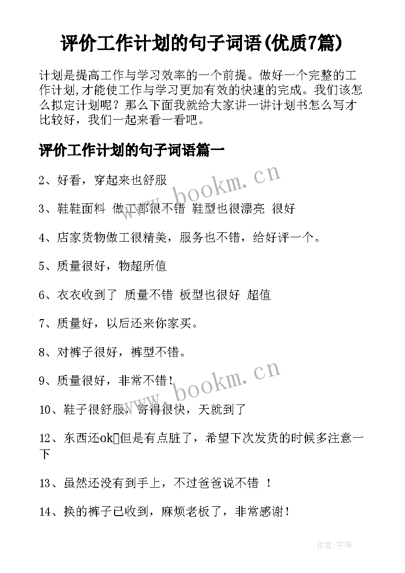 评价工作计划的句子词语(优质7篇)