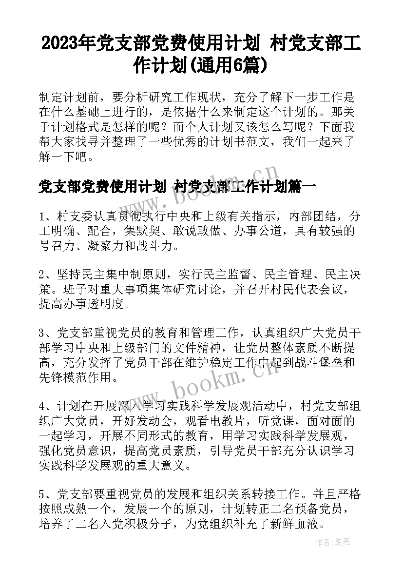 2023年党支部党费使用计划 村党支部工作计划(通用6篇)