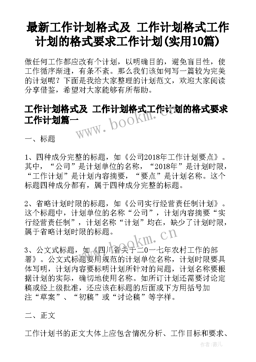 最新工作计划格式及 工作计划格式工作计划的格式要求工作计划(实用10篇)