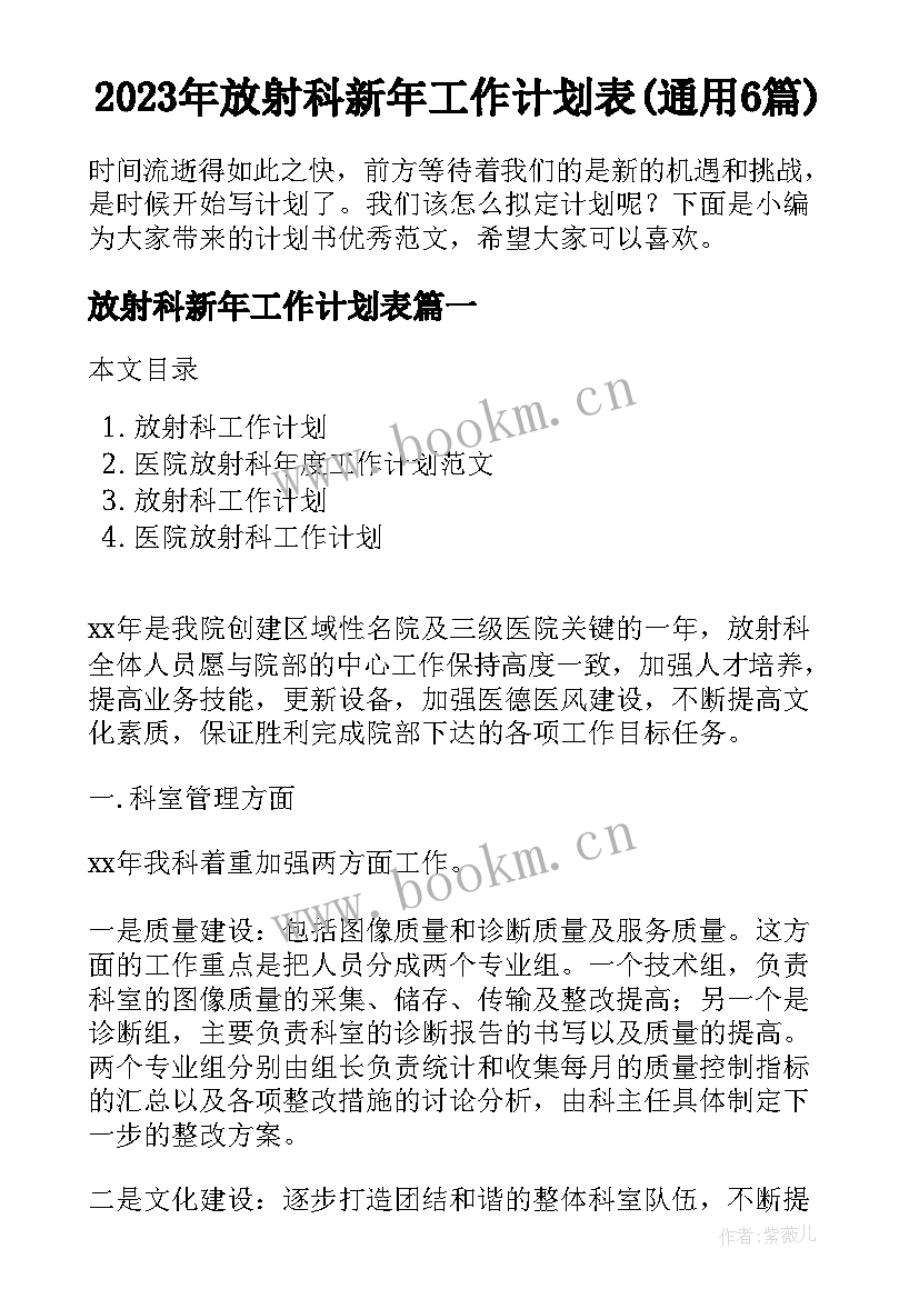 2023年放射科新年工作计划表(通用6篇)