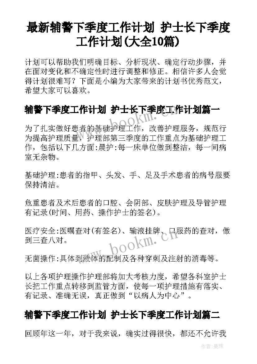 最新辅警下季度工作计划 护士长下季度工作计划(大全10篇)