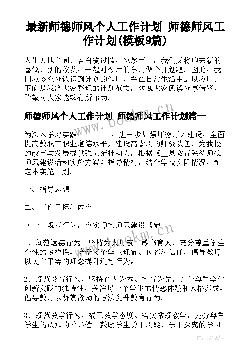 最新师德师风个人工作计划 师德师风工作计划(模板9篇)