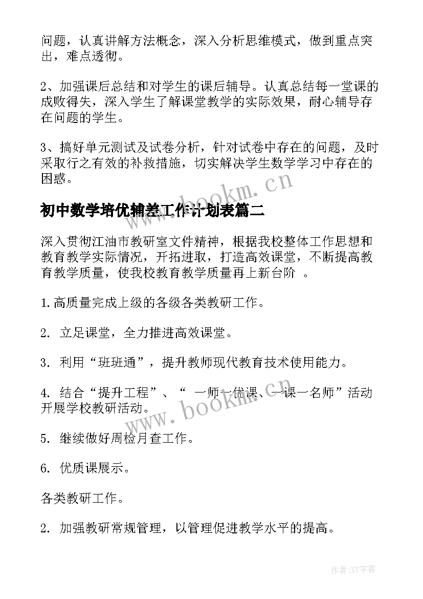 最新初中数学培优辅差工作计划表(优质10篇)