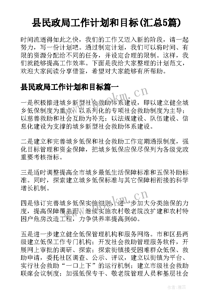 县民政局工作计划和目标(汇总5篇)