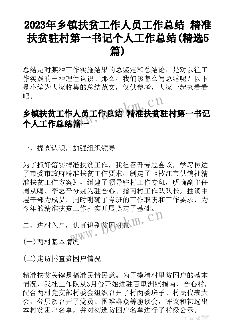 2023年乡镇扶贫工作人员工作总结 精准扶贫驻村第一书记个人工作总结(精选5篇)