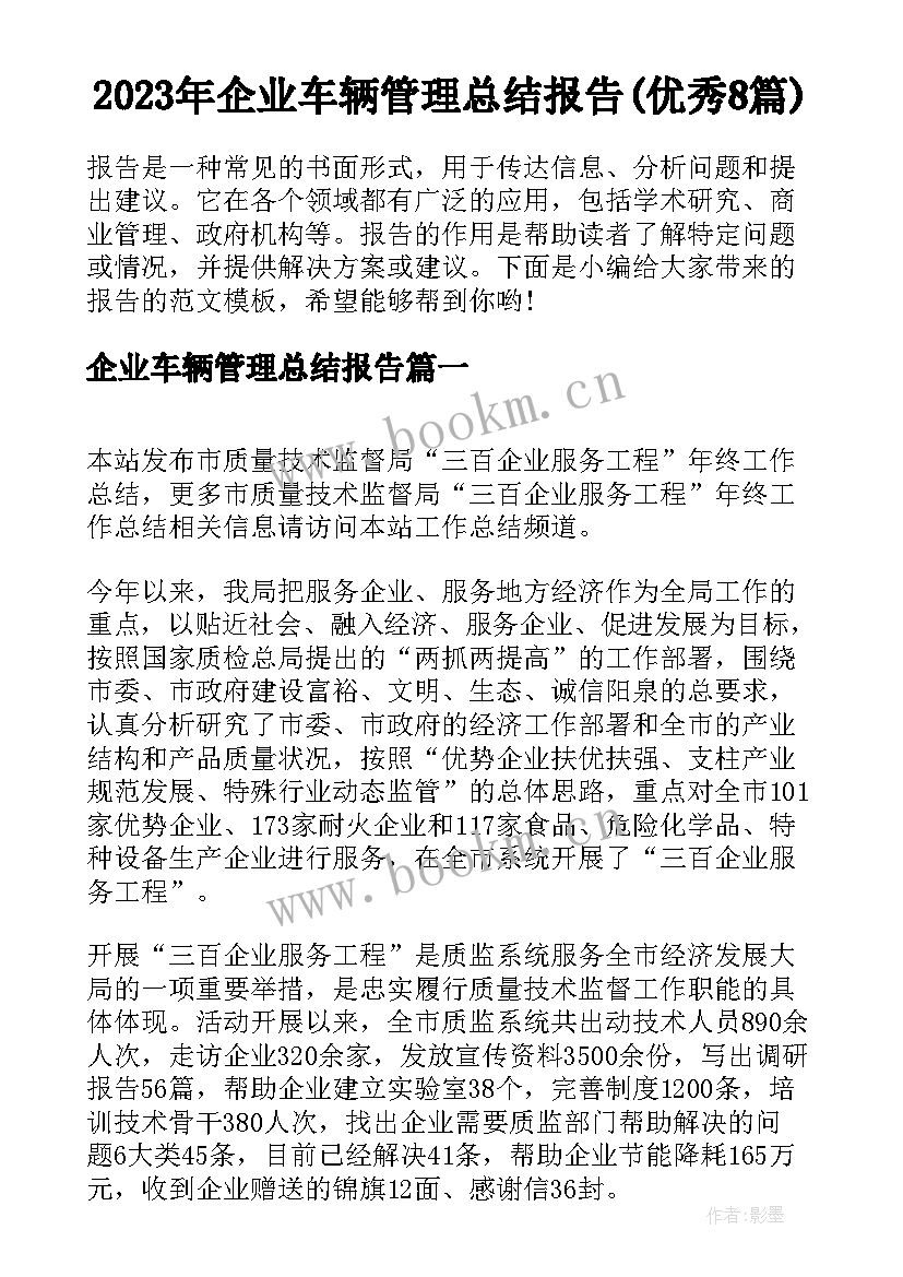 2023年企业车辆管理总结报告(优秀8篇)