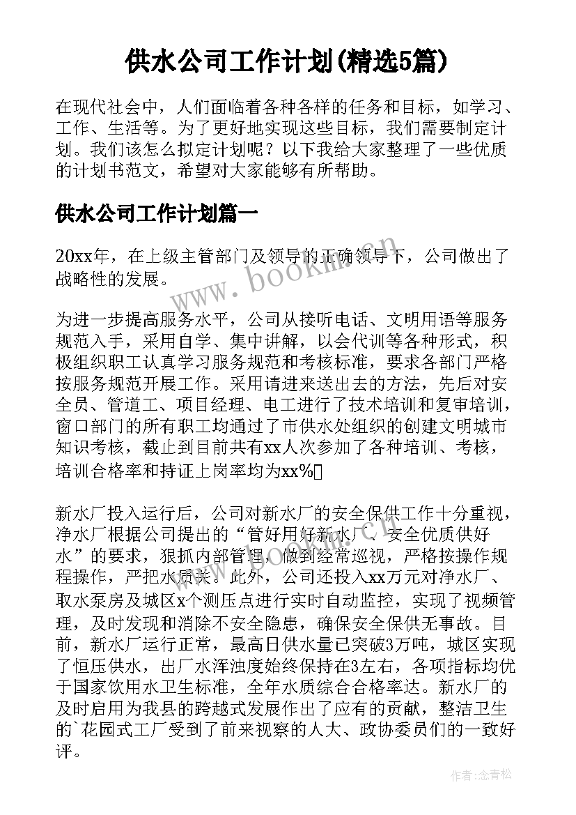 供水公司工作计划(精选5篇)