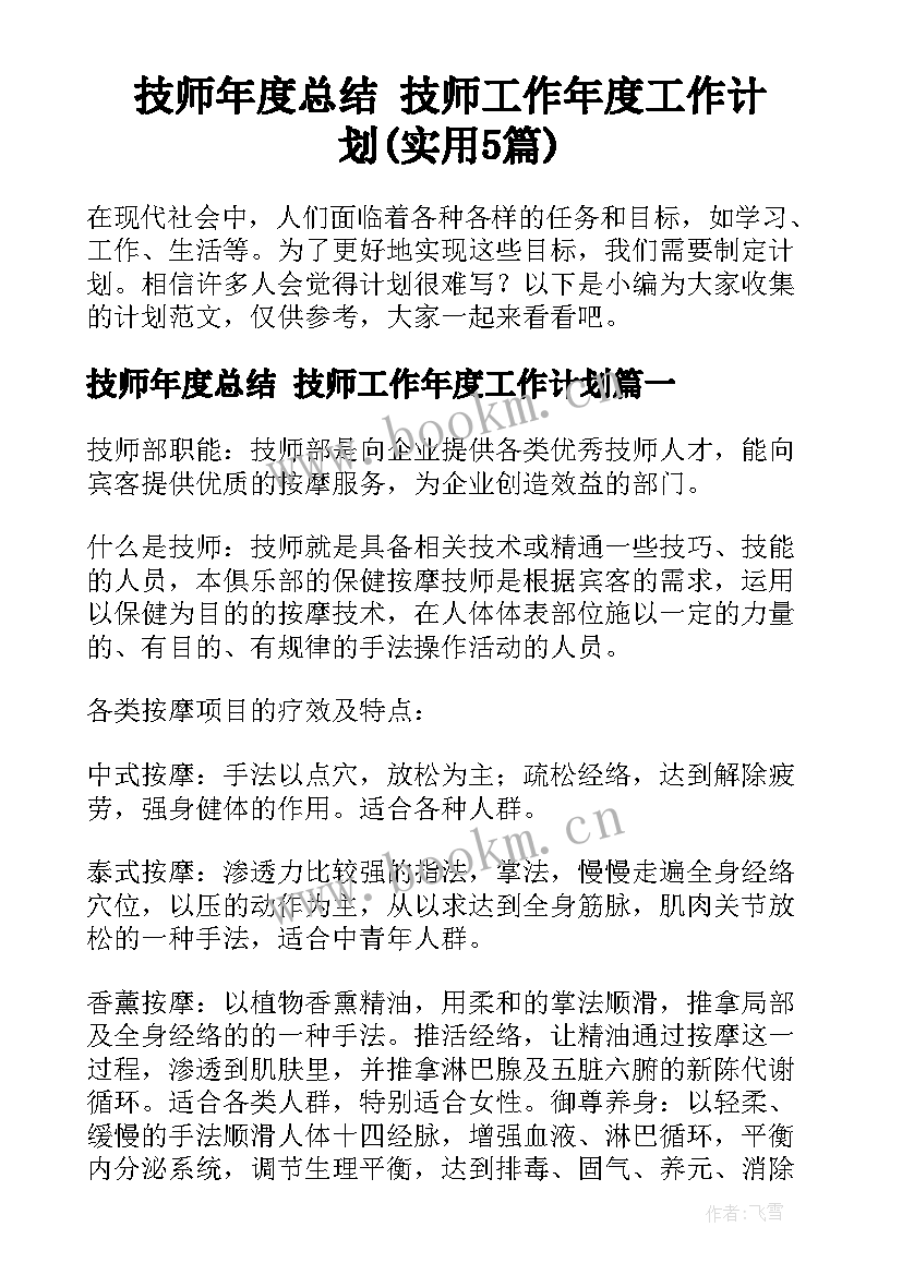 技师年度总结 技师工作年度工作计划(实用5篇)