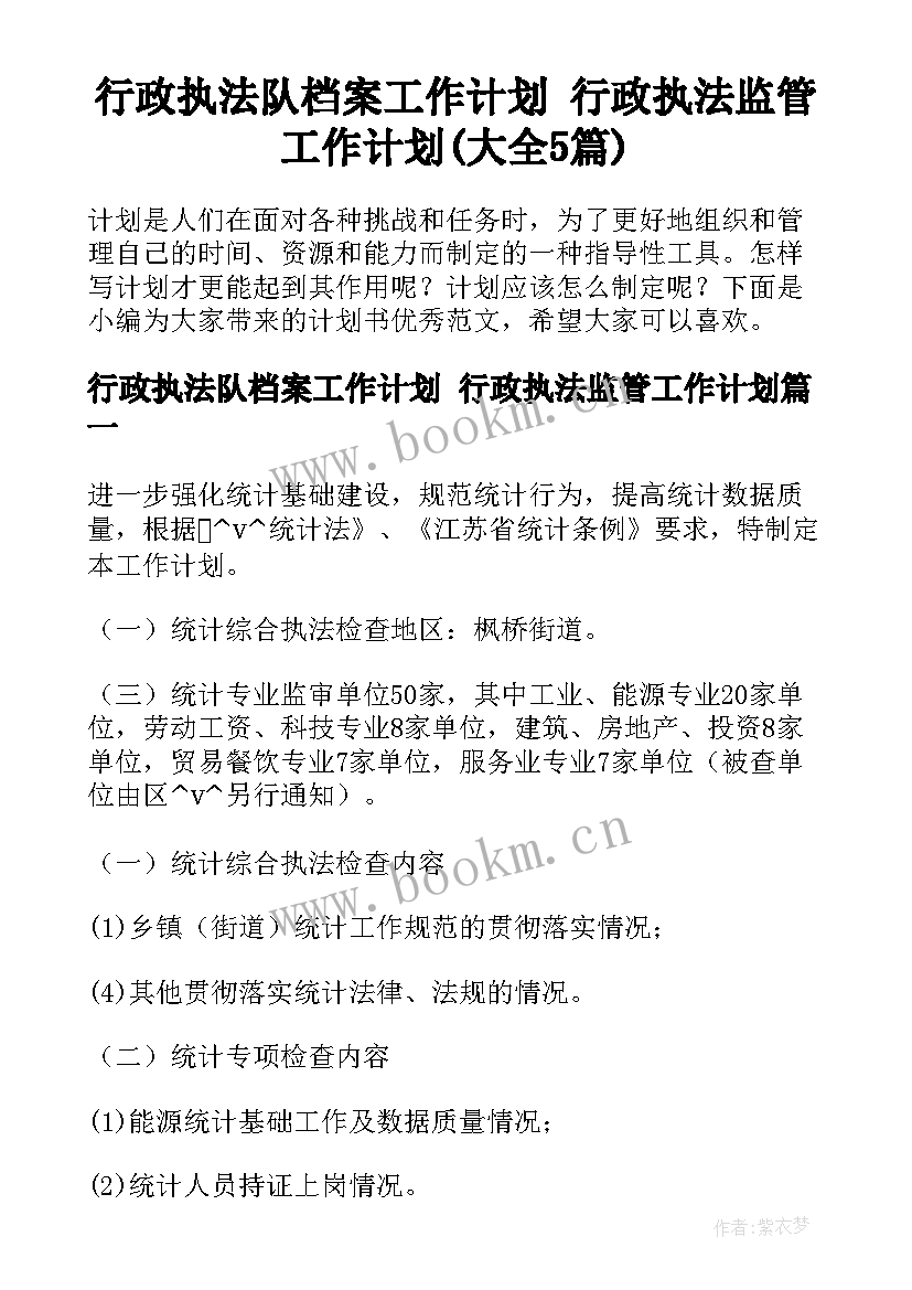 行政执法队档案工作计划 行政执法监管工作计划(大全5篇)