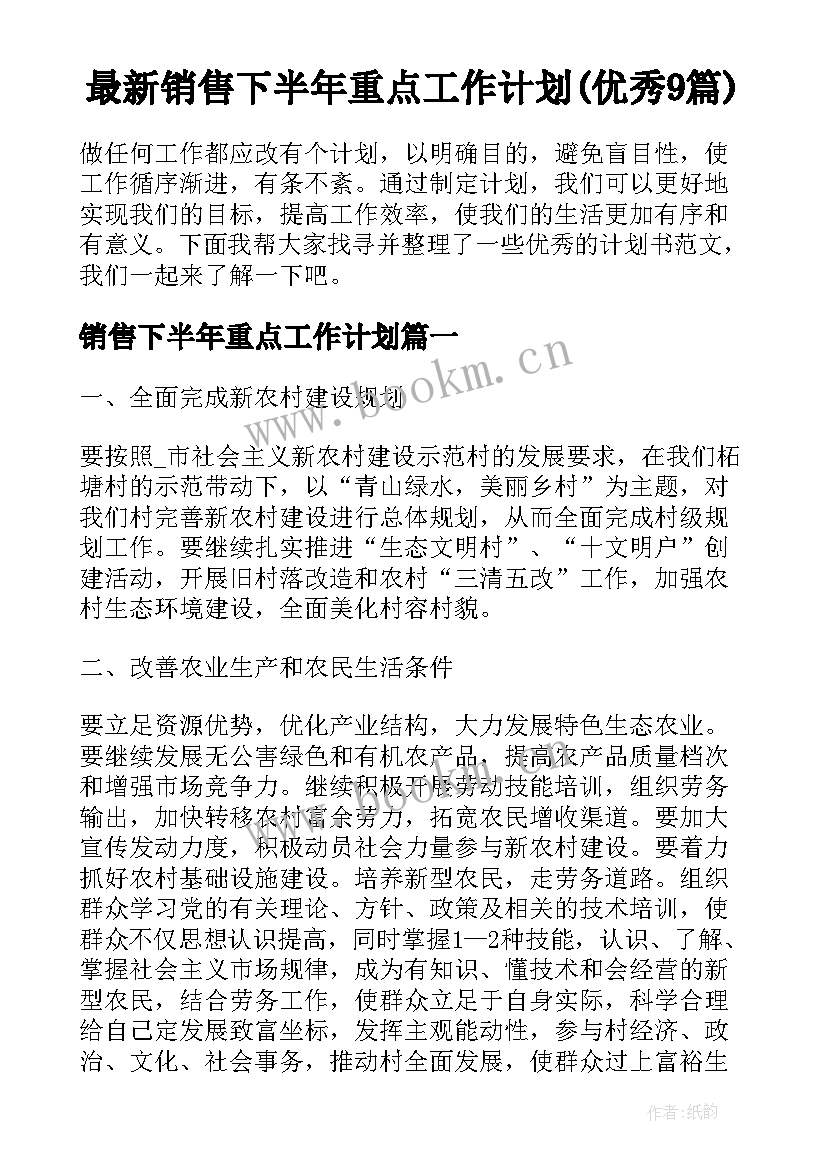 最新销售下半年重点工作计划(优秀9篇)