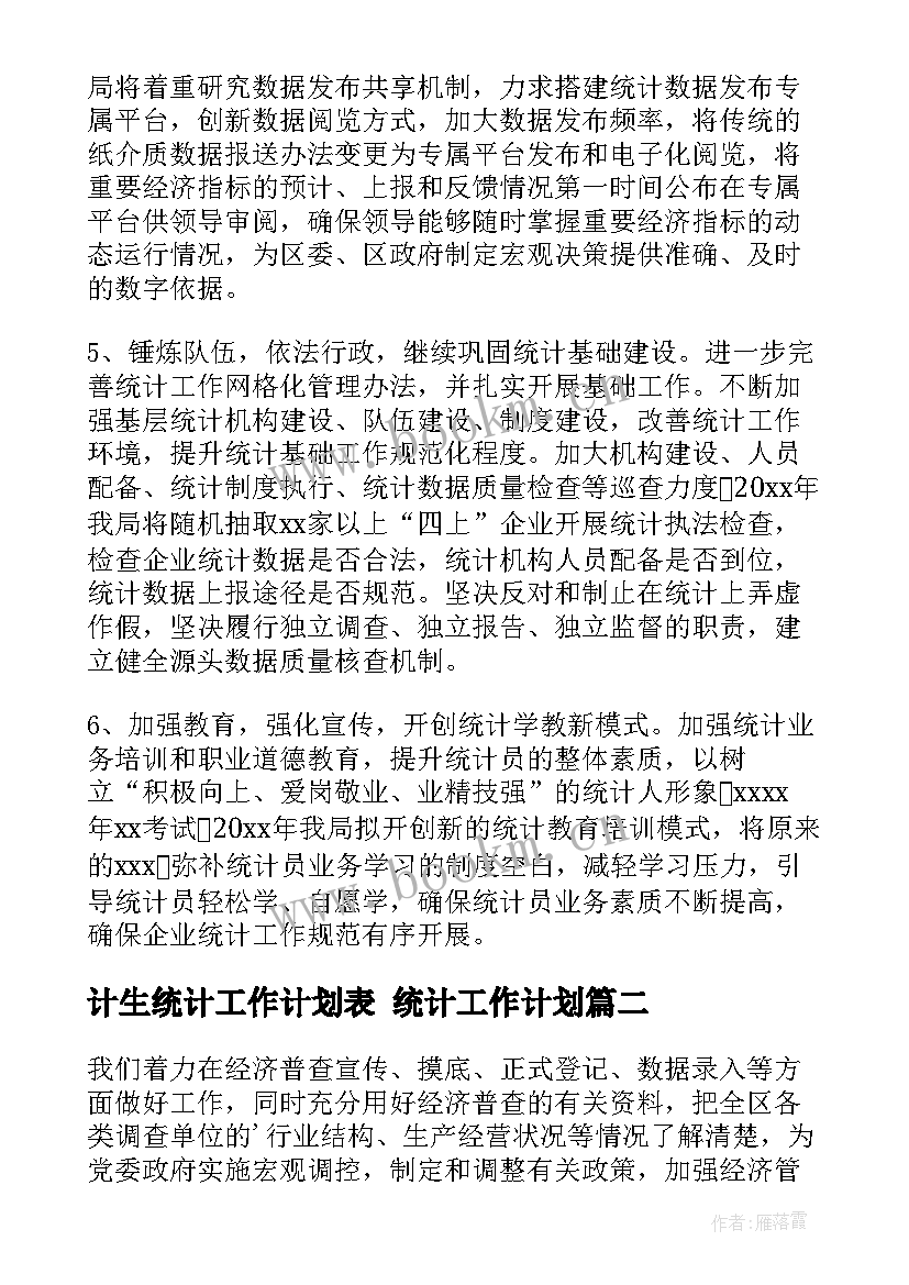 最新计生统计工作计划表 统计工作计划(实用6篇)