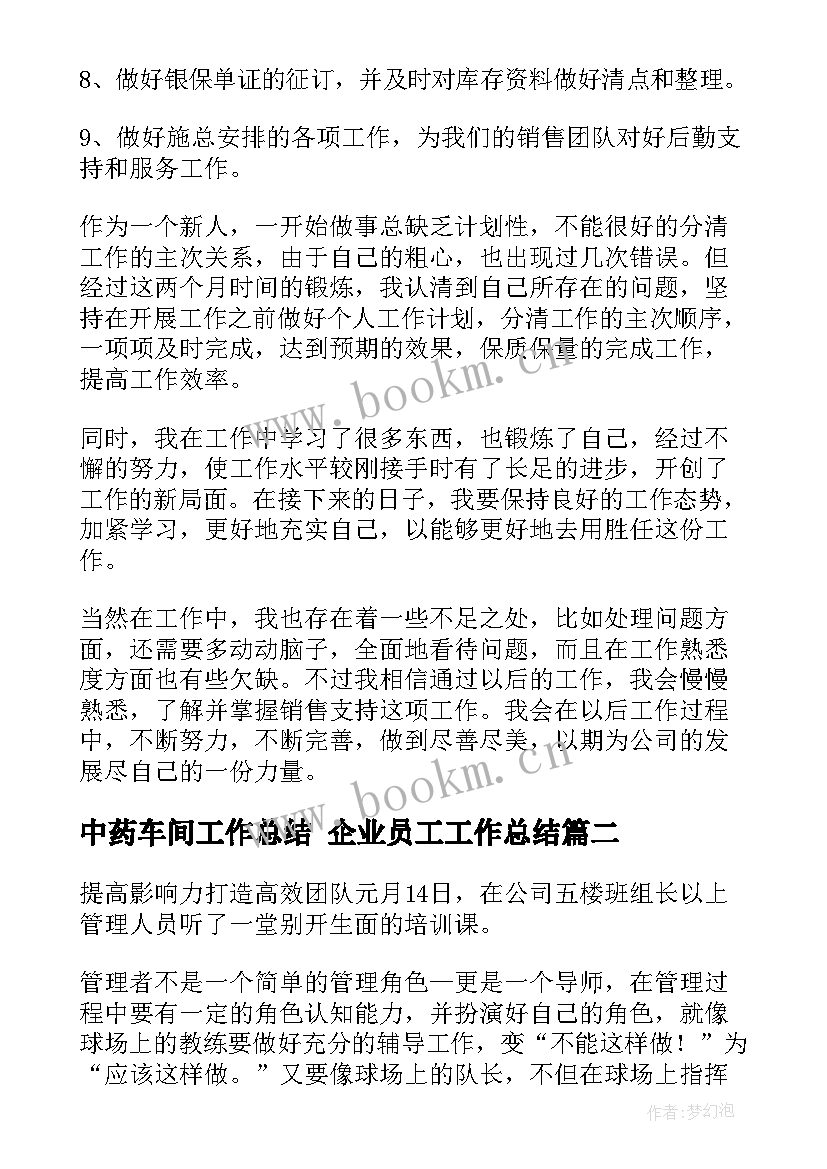 2023年中药车间工作总结 企业员工工作总结(精选7篇)