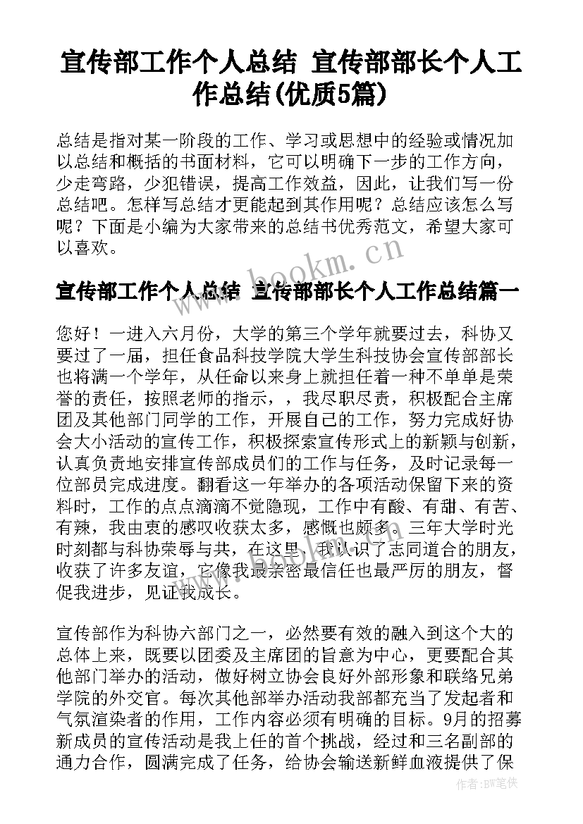 宣传部工作个人总结 宣传部部长个人工作总结(优质5篇)