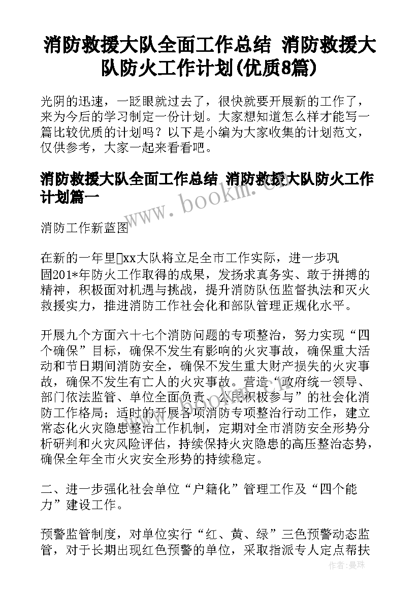 消防救援大队全面工作总结 消防救援大队防火工作计划(优质8篇)