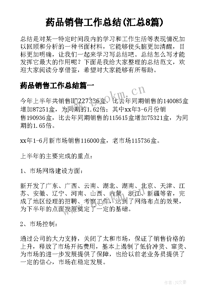 药品销售工作总结(汇总8篇)