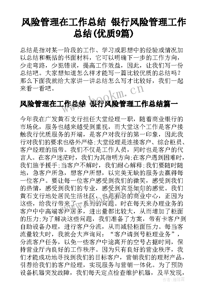 风险管理在工作总结 银行风险管理工作总结(优质9篇)