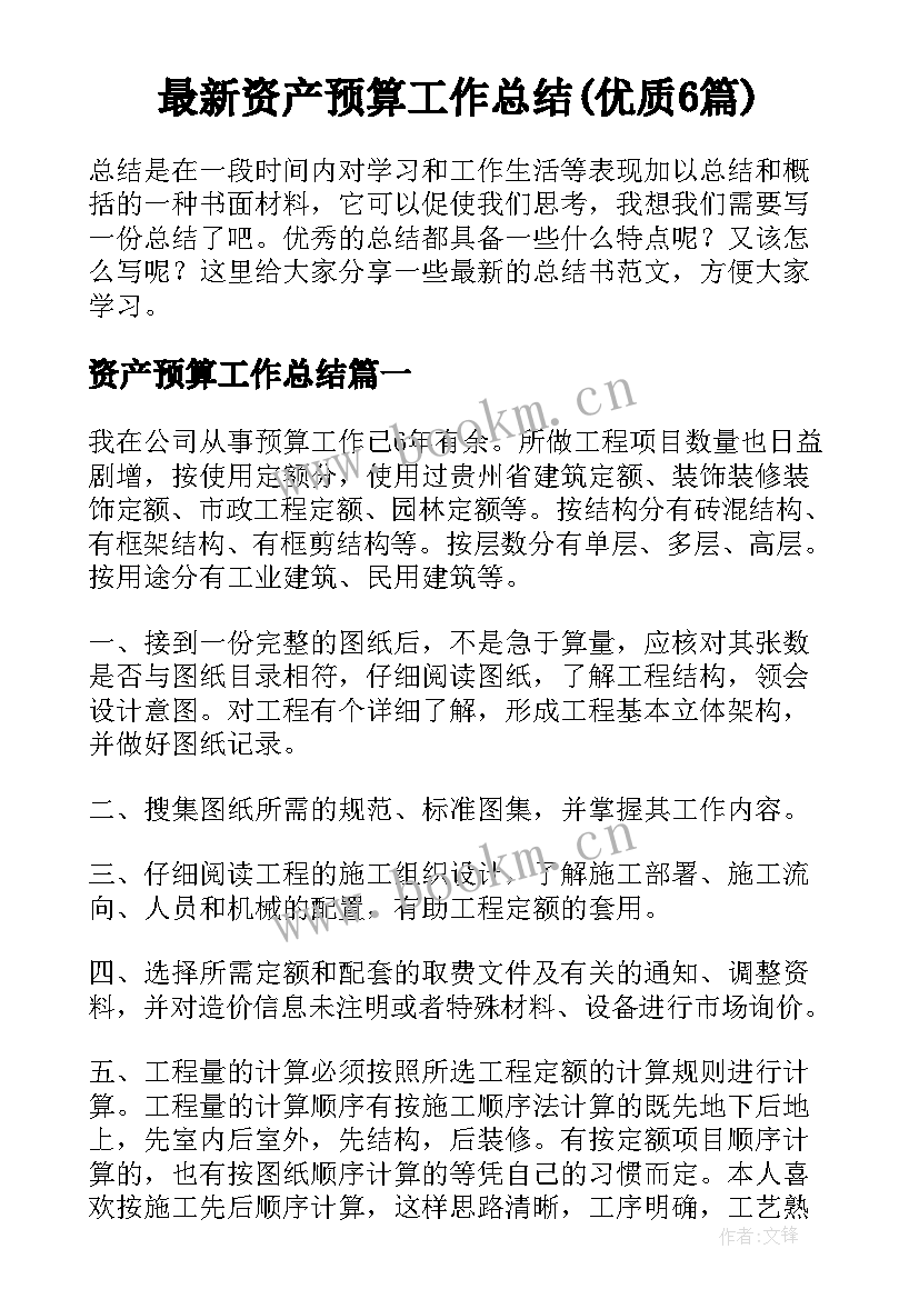 最新资产预算工作总结(优质6篇)