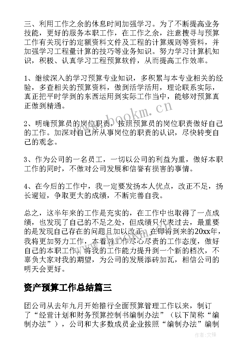 最新资产预算工作总结(优质6篇)