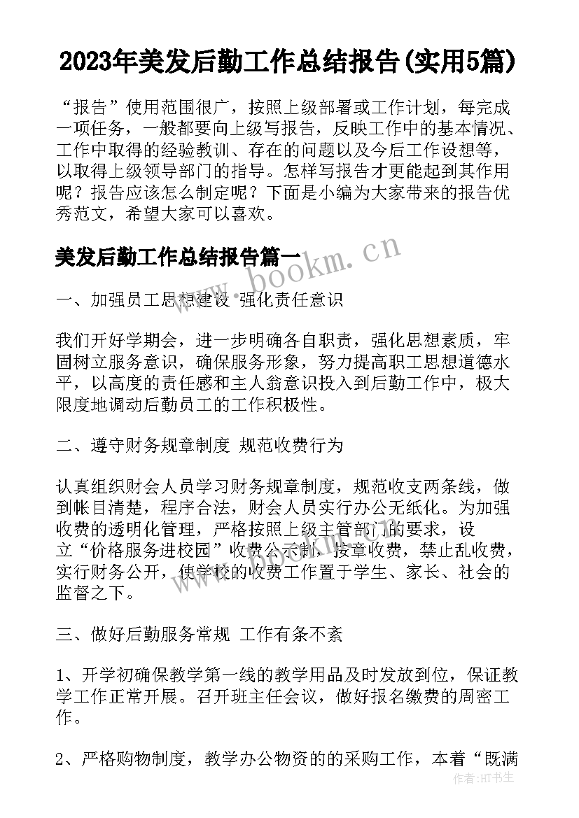 2023年美发后勤工作总结报告(实用5篇)