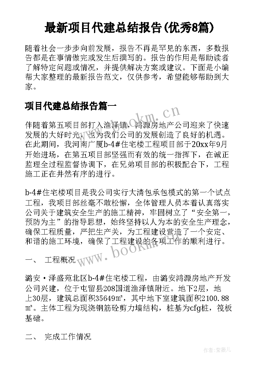 最新项目代建总结报告(优秀8篇)