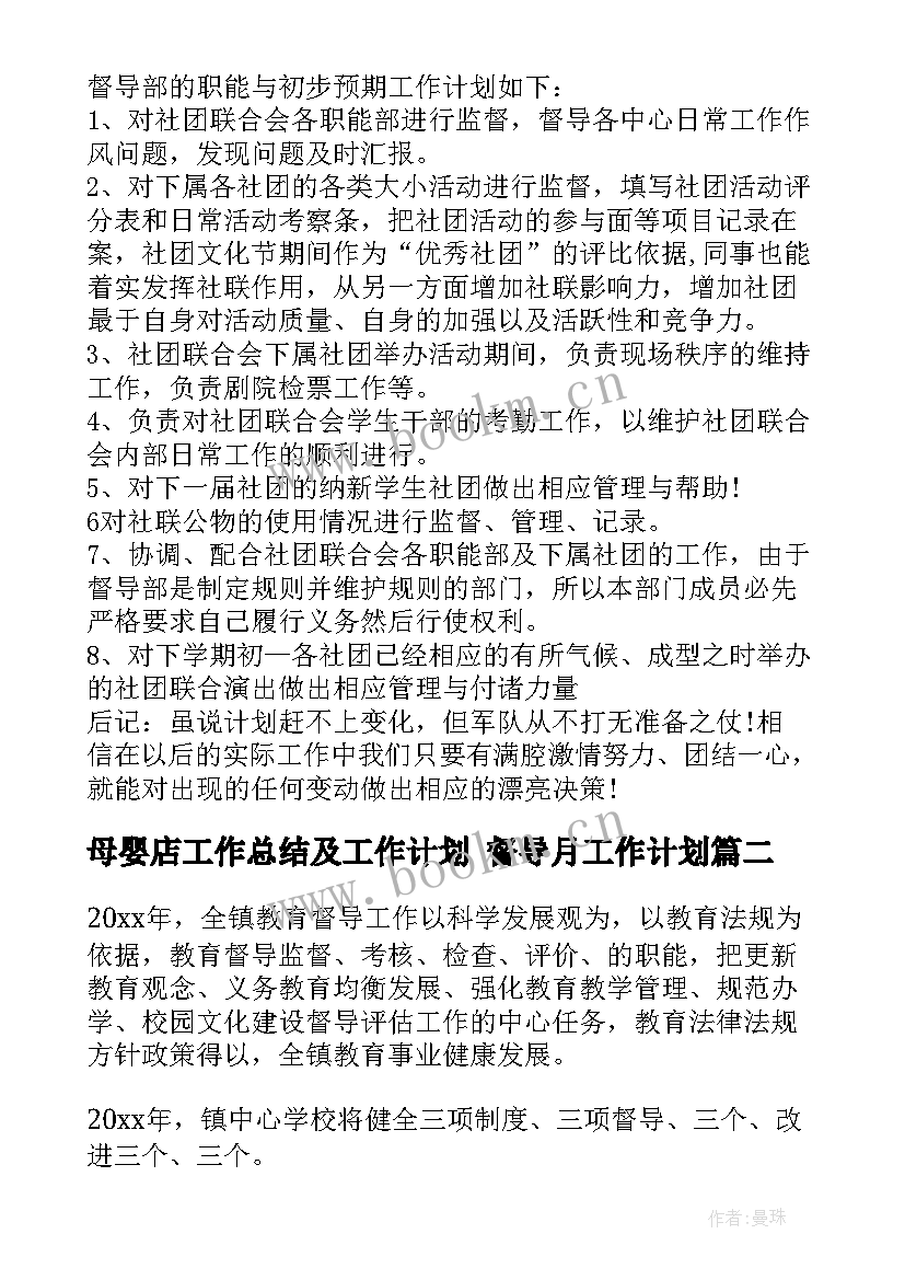 2023年母婴店工作总结及工作计划 督导月工作计划(精选10篇)